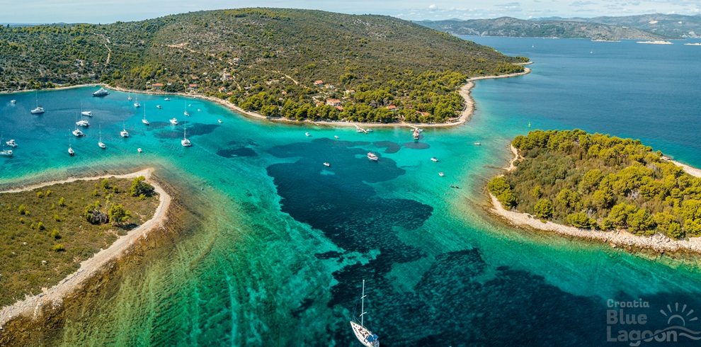 Blue lagoon, aerial view, Krknjasi islands with Croatia Blue Lagoon watermark on it.